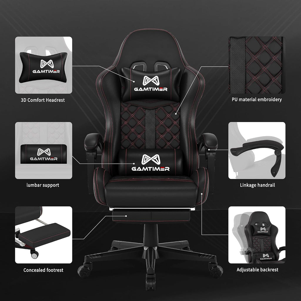 Gamtimer Gaming Chair, 400 LB Weight Capacity,with Pocket Spring Cushion | Ergonomic Backrest Office Chair,Leather, with Headrest and Lumbar Support, Footrest, Suitable for Adults(Black)