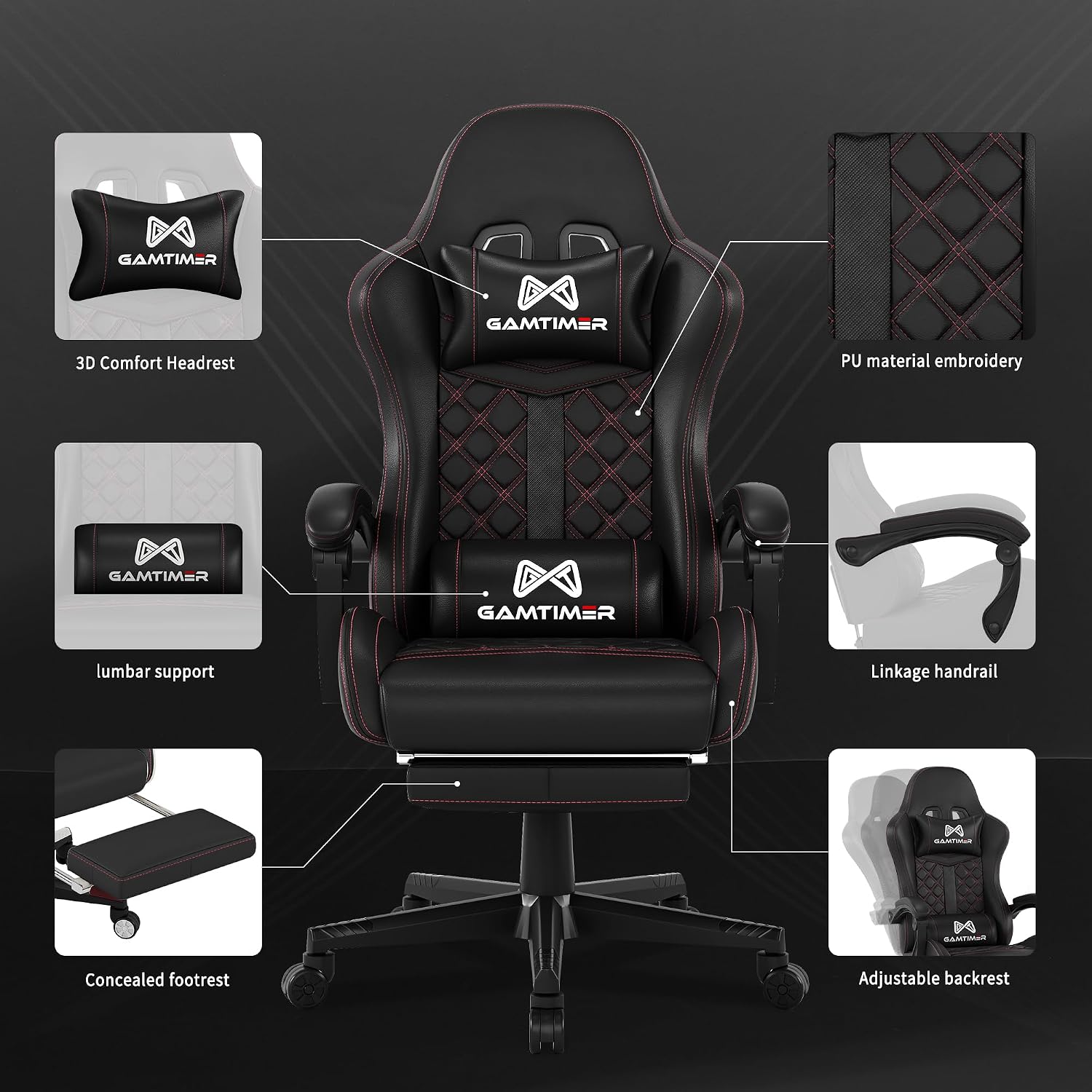 Gamtimer Gaming Chair, 400 LB Weight Capacity,with Pocket Spring Cushion | Ergonomic Backrest Office Chair,Leather, with Headrest and Lumbar Support, Footrest, Suitable for Adults(Black)