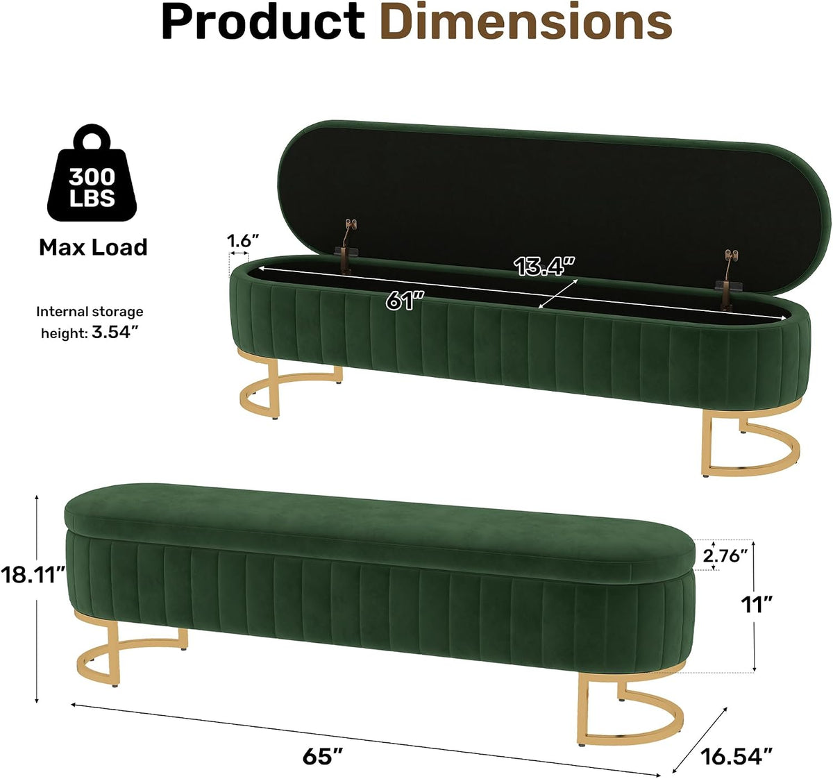 65" Velvet Storage Ottoman Bench End of Bed for Bedroom Entryway Green | Velvet Large Storage Solid Wood with Metal Leg 300 lbs Weight