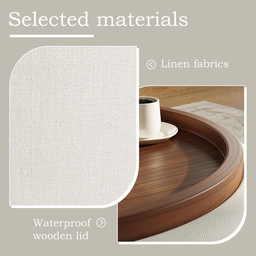 Round Storage Ottoman Coffee Table with Walnut Tray, 30'' Round Ottoman with Storage, Modern Upholstered Coffee Table with with 4 Casters for Living Room, Linen Fabric, Beige