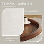 Round Storage Ottoman Coffee Table with Walnut Tray, 30'' Round Ottoman with Storage, Modern Upholstered Coffee Table with with 4 Casters for Living Room, Linen Fabric, Beige