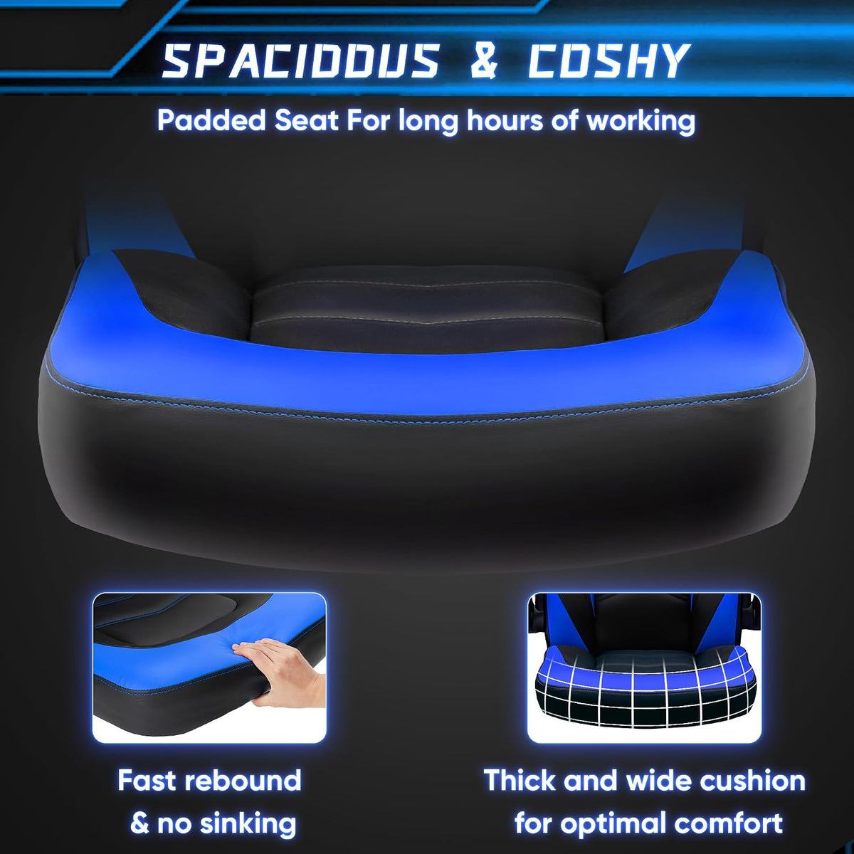 OLIXIS Computer Gaming Chair, Lumbar Support, PU Leather | 360° Swivel Wheels, Height Adjustable, Flip-up Armrest, Ergonomic Home Office Desk, Video Racing, Black and Blue