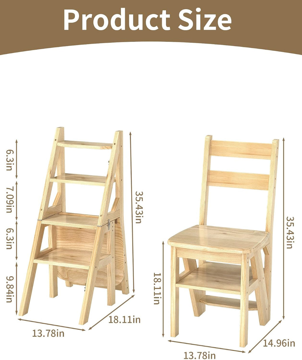 Baoz 3-in-1 Wooden Library Ladder, 4 Tier Folding Ladder, Convertible Step Stool & Display Rack with Lock Buckle Fixation, 300lbs Capacity Step Stool for Kitchen, Library, Office