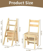 Baoz 3-in-1 Wooden Library Ladder, 4 Tier Folding Ladder, Convertible Step Stool & Display Rack with Lock Buckle Fixation, 300lbs Capacity Step Stool for Kitchen, Library, Office