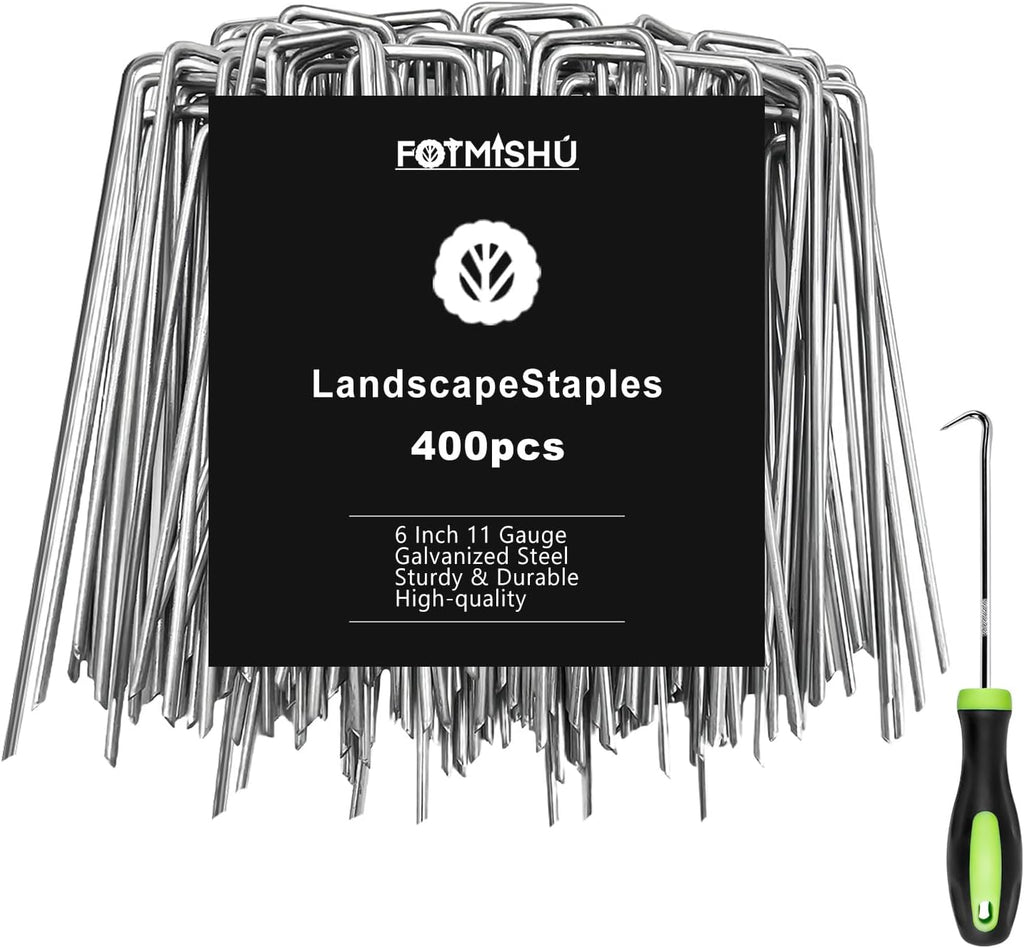 FOTMISHU Landscape Staples 6 Inch 400Pcs Garden Stakes, Galvanized Lawn Pins Spray Coating Yard Ground Spikes, U-Type Staples for Weed Barrier Anchoring Outdoor Tents Hoses