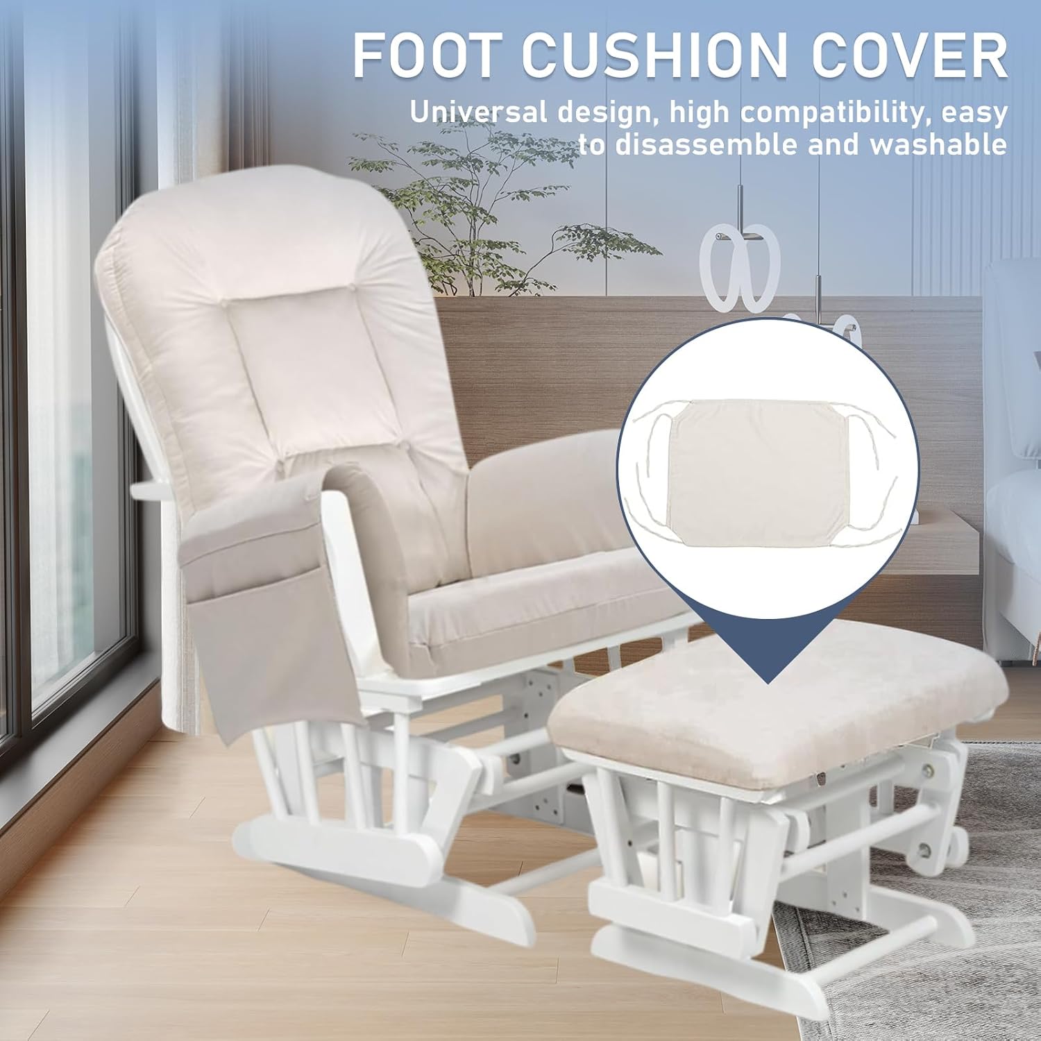 5 PCS Replacement Cushions for Glider Rockers - Thickened Non-Slip Cushions Set with Ottoman Cover & Side Pocket - Washable & Supportive for Ultimate Comfort