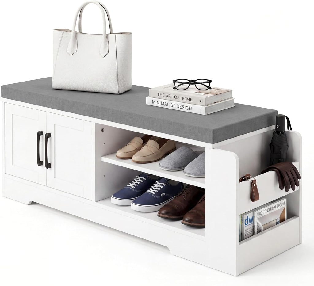 Farmhouse Shoe Storage Bench with 3-in-1 Entryway Storage & Padded Seat | 39.6" Wide Entryway Bench with Adjustable Shelves, Shoe Organizer & Side Storage Rack for Living Room, Bedroom, White