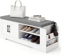Farmhouse Shoe Storage Bench with 3-in-1 Entryway Storage & Padded Seat | 39.6" Wide Entryway Bench with Adjustable Shelves, Shoe Organizer & Side Storage Rack for Living Room, Bedroom, White