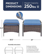 HUMMUH 2 Pieces Outdoor Wicker Ottomans-Outdoor Patio Ottoman with Removable Cushion Outdoor Footstool for Deck Lawn Porch Garden Backyard-Brown/Blue