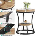 Round End Table, 2 Tier Industrial Side Table, Accent Bedside Table Nightstand with Metal Frame for Living Room, Bedroom, Small Spaces, Easy Assembly, Light Brown & Black