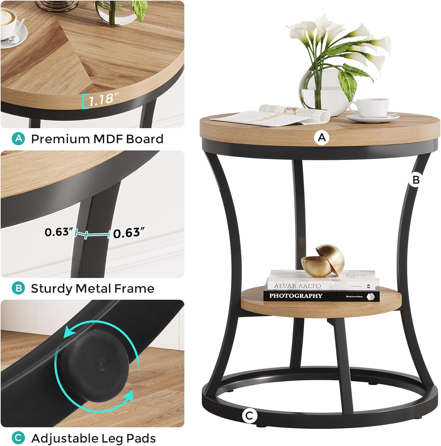 Round End Table, 2 Tier Industrial Side Table, Accent Bedside Table Nightstand with Metal Frame for Living Room, Bedroom, Small Spaces, Easy Assembly, Light Brown & Black