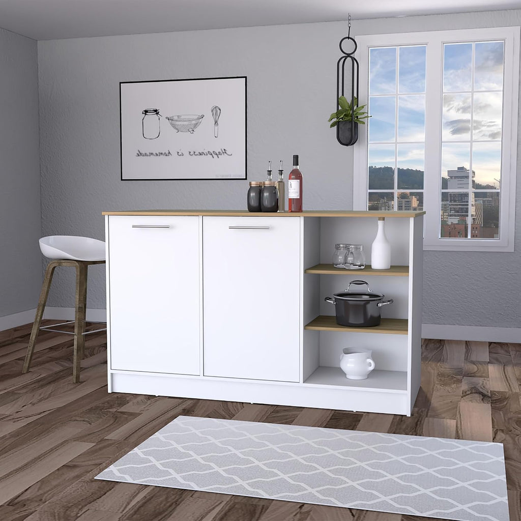 Melamine Kitchen Island with Two Doors and Three Open Shelves | two doors with internal shelves and three open storage shelves