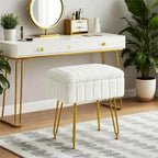 FUXA Vanity Stool Chair with Storage, Faux Fur and Metal Legs, White | Soft Padded Seat, Anti-Slip Adjustable Feet, Modern Style, Multifunctional for Bedroom and Entryway