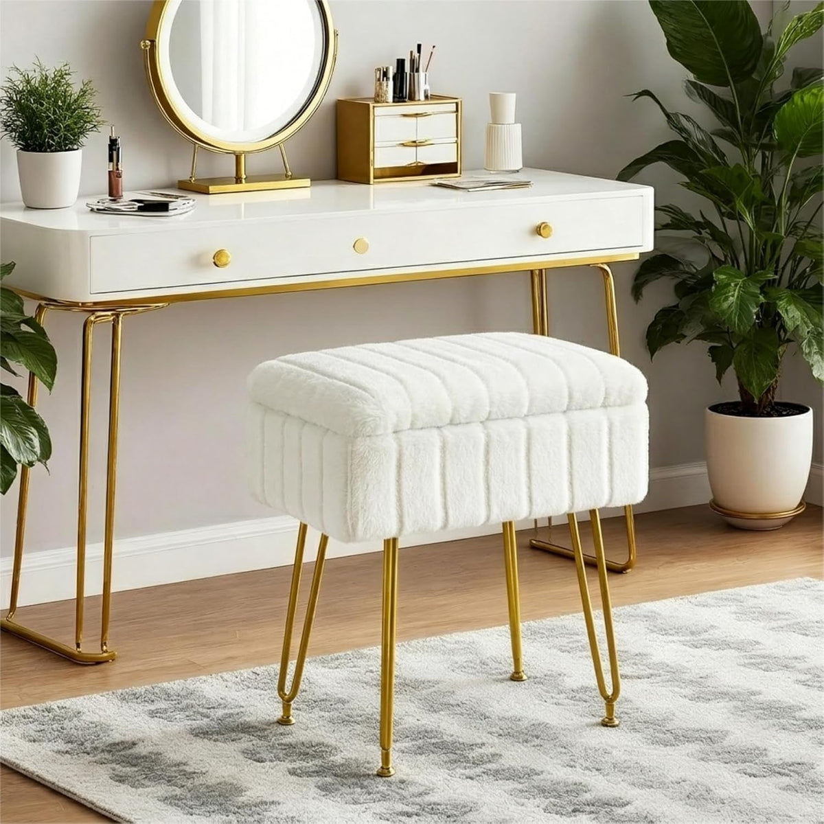 FUXA Vanity Stool Chair with Storage, Faux Fur and Metal Legs, White | Soft Padded Seat, Anti-Slip Adjustable Feet, Modern Style, Multifunctional for Bedroom and Entryway