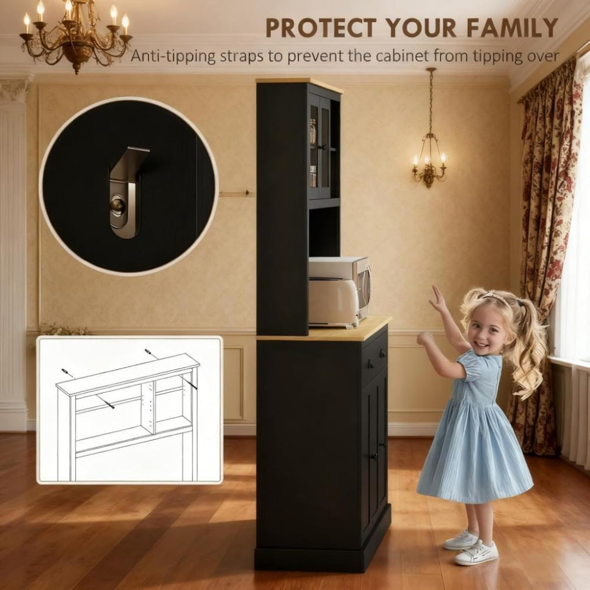 Kitchen Pantry Cabinet Tall Food Pantries w/Drawers&Adjustable Shelves for Kitchen,Multi-functional Kitchenware Server Utility Storage Organizer w/Microwave Stand&Open Countertop (Black + 71 inches)