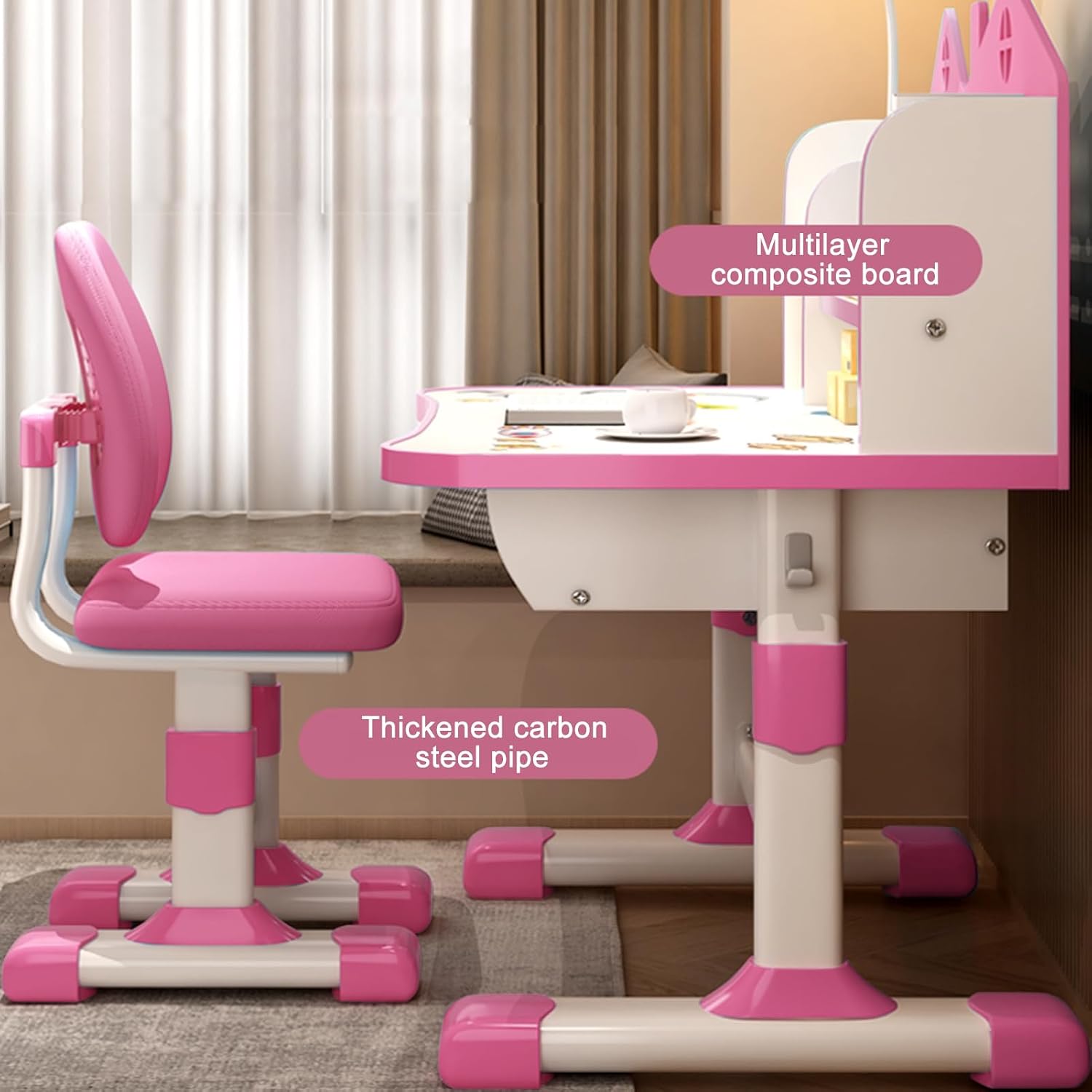 2-Piece Kids Adjustable Study Desk & Seat Set, Cartoon Print Widened Desktop with Storage Drawer Metal Frame for Homeschool Bedroom Playroom Pink
