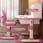 2-Piece Kids Adjustable Study Desk & Seat Set, Cartoon Print Widened Desktop with Storage Drawer Metal Frame for Homeschool Bedroom Playroom Pink