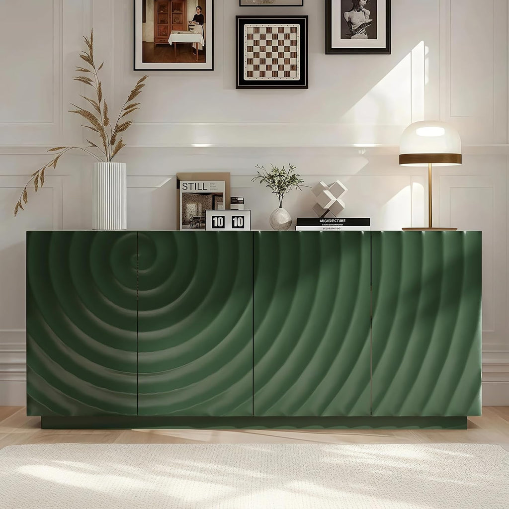 LKTART 59" Sideboard Buffet Cabinet with Storage, 4 Doors Modern Accent Storage Sideboard, Floor Cabinet Buffet with Spiral Grain for Kitchen, Living Room (Green)