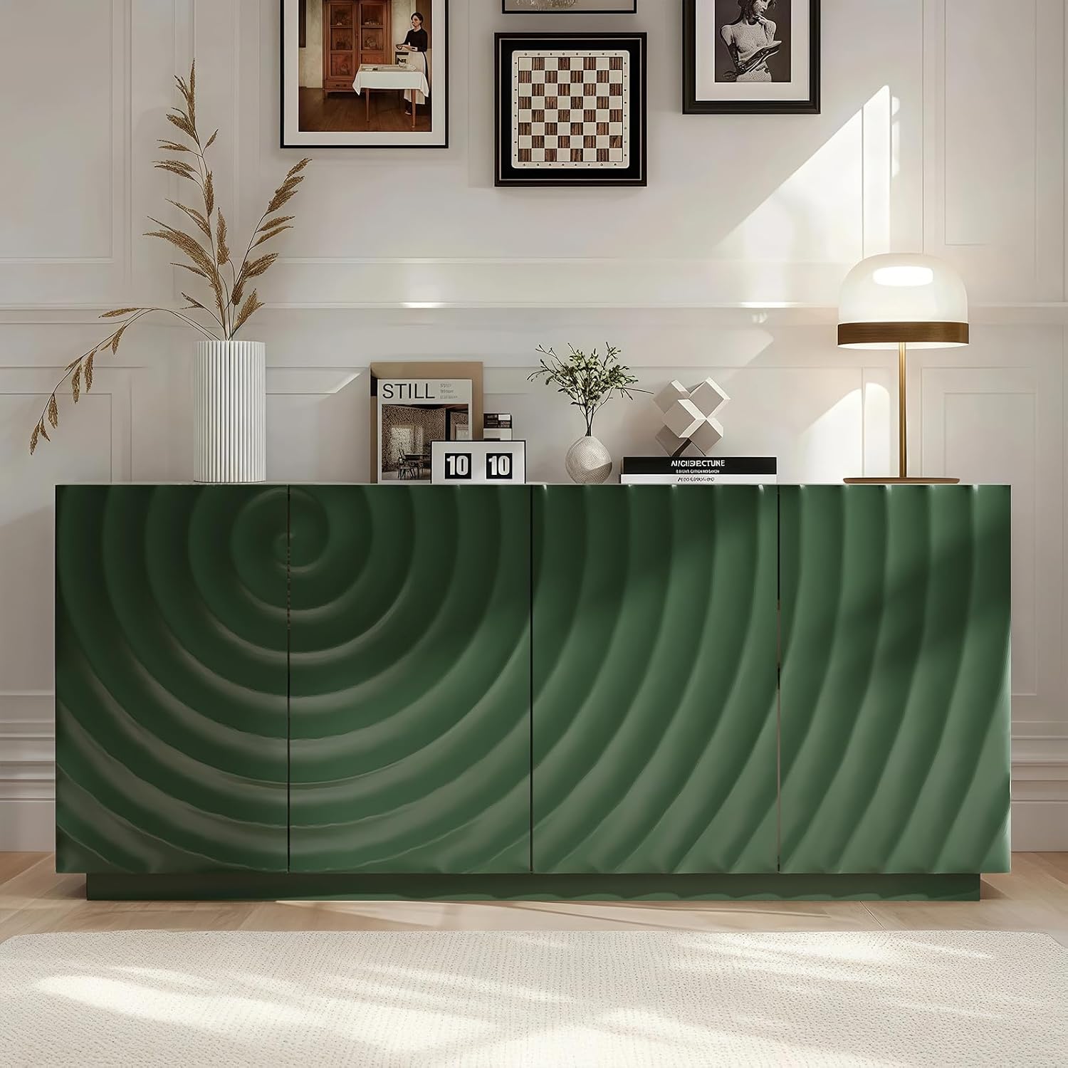LKTART 59" Sideboard Buffet Cabinet with Storage, 4 Doors Modern Accent Storage Sideboard, Floor Cabinet Buffet with Spiral Grain for Kitchen, Living Room (Green)