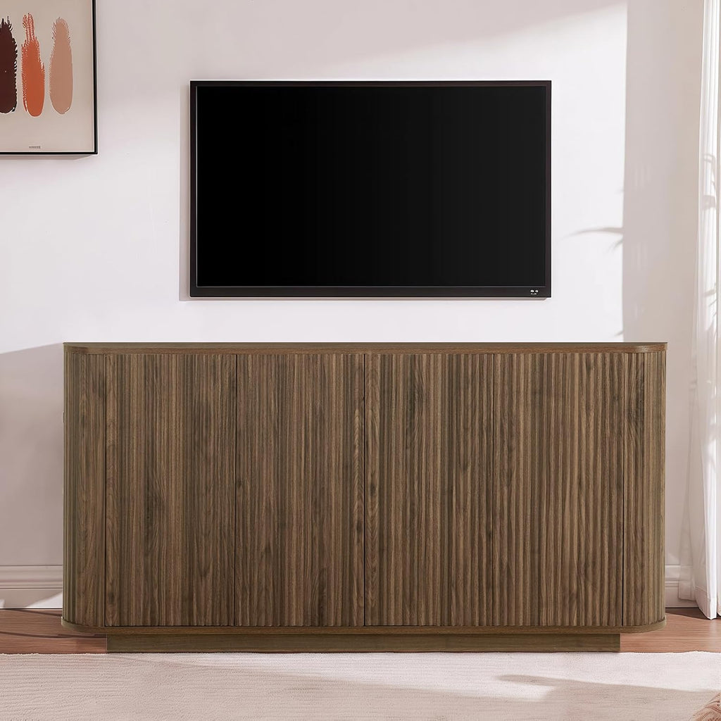 64" Sideboard Buffet Cabinet with Fluted Accent and Adjustable Shelves, Modern Wood Media Console Coffee Bar for Living Room, Kitchen or Dining Room, 64W x 31.5H Inches, Walnut
