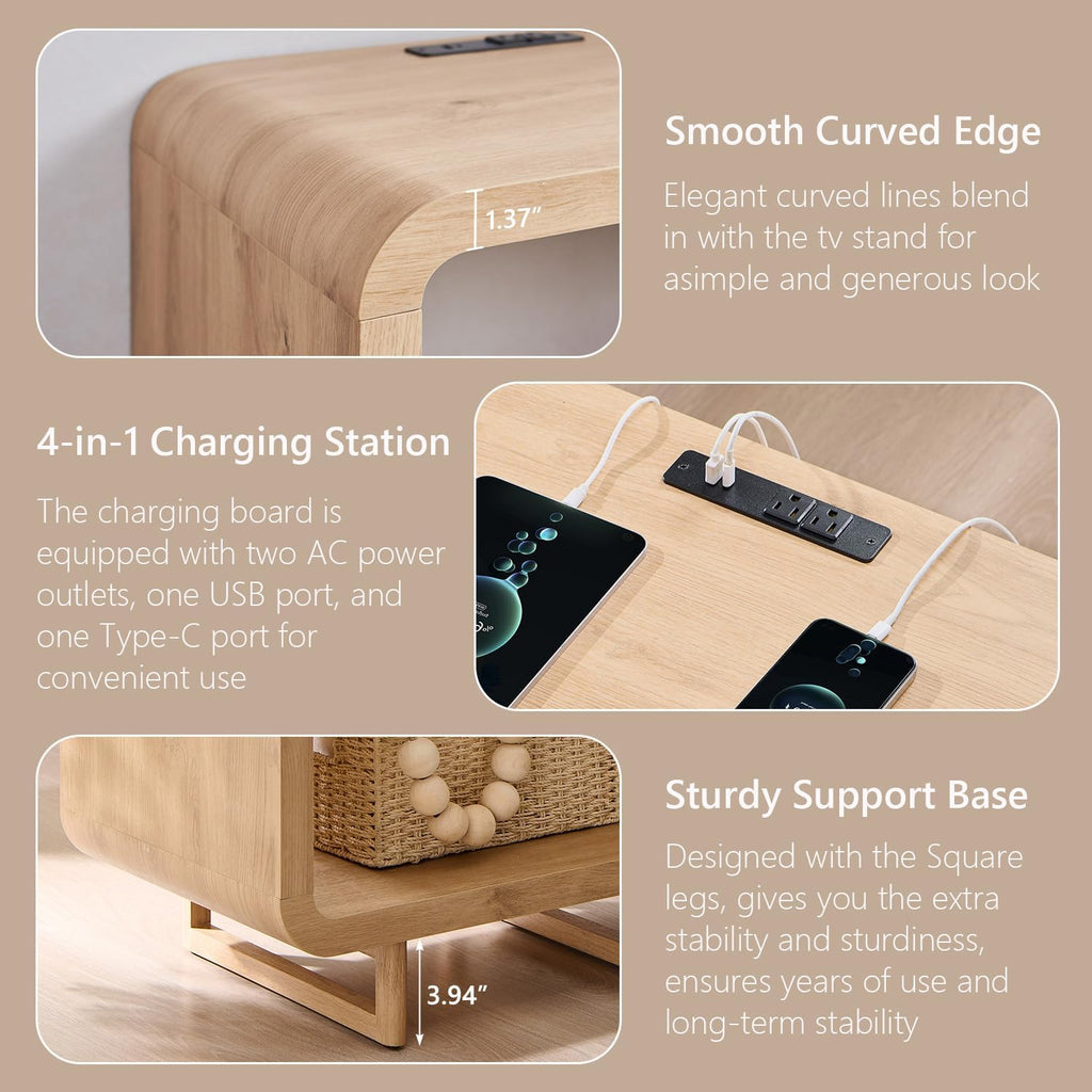 IFGET 23.6" Modern End Table, 2 Tier Side Table with Charging Station, Simple Bedside Table with Open Storage Shelf, Outlet, Wooden Nightstand for Bedroom, Living Room, Easy Assembly, Natural Oak