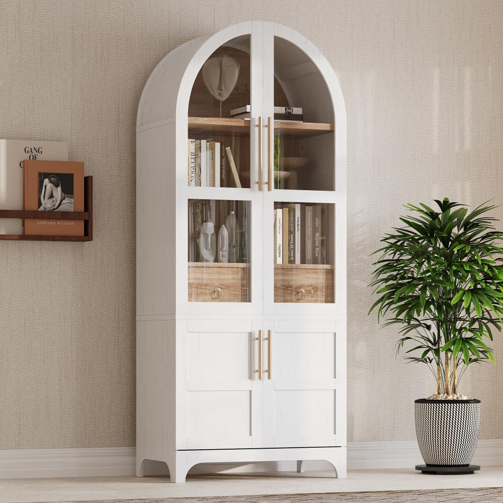 71 Inch Farmhouse Kitchen Pantry Storage Cabinet with Doors, Open Shelf, Hidden Drawer, Adjustable Shelves, Glass Door, Cupboard for Dining Room (Retro White Arched Pantry Cabinet+ MDF)