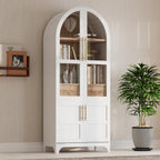 71 Inch Farmhouse Kitchen Pantry Storage Cabinet with Doors, Open Shelf, Hidden Drawer, Adjustable Shelves, Glass Door, Cupboard for Dining Room (Retro White Arched Pantry Cabinet+ MDF)