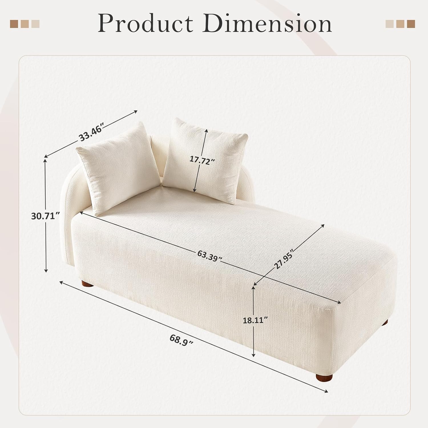 68.9" Chaise Lounge Chair Indoor with Left Facing, Chenille Beige | 2 Throw Pillows, Comfy Reading Chair, Oversized Upholstered Sleeper Chair for Living Room, Bedroom, Apartment