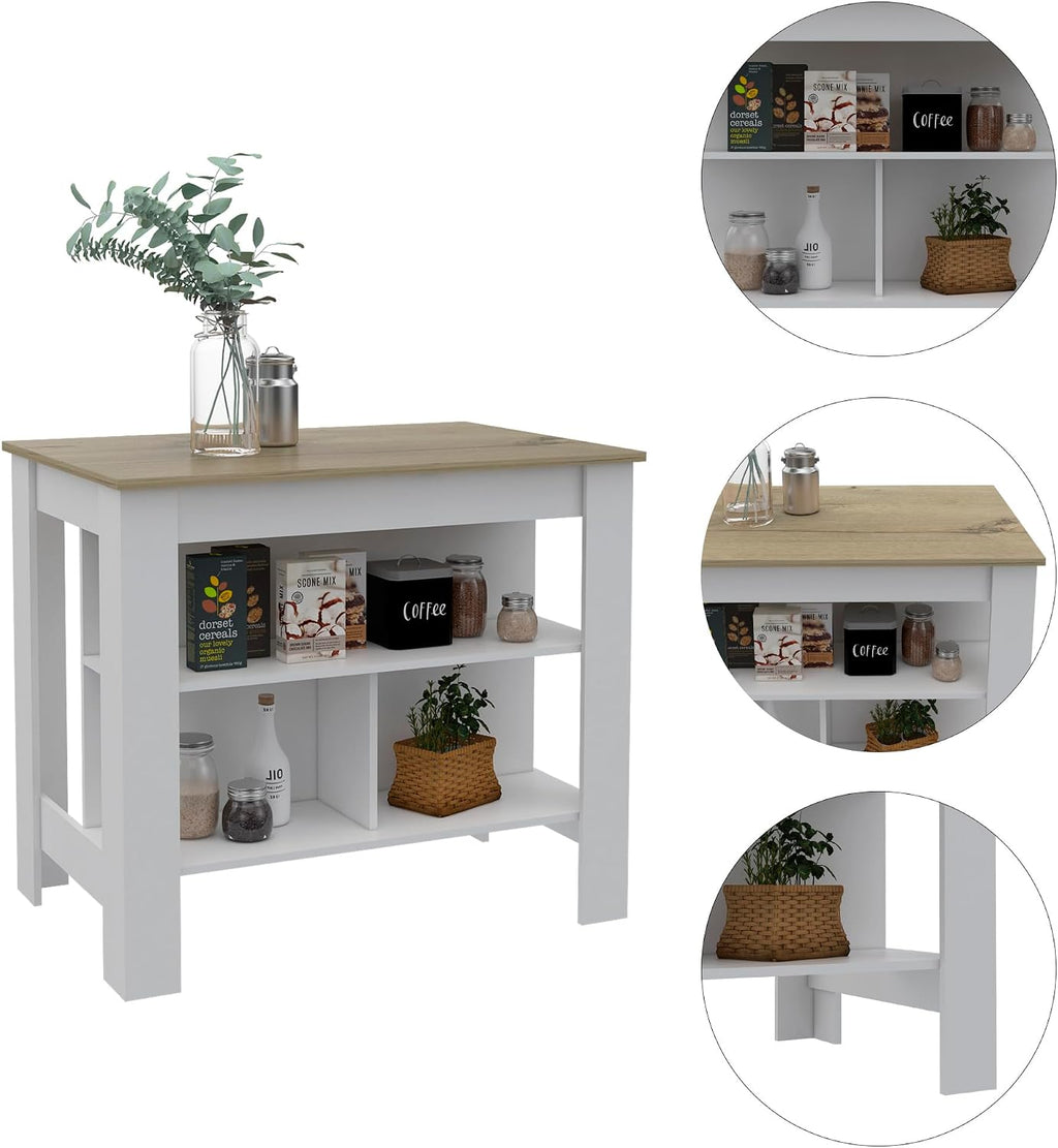 Kitchen Island with Three Shelves and Four Legs - Light Oak/White | Three-tiered design with light oak and white finish