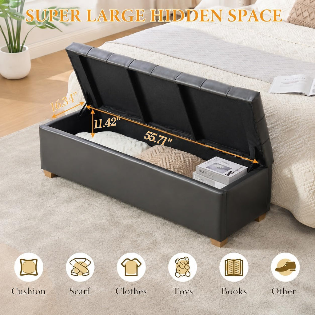 Aoiy & Wifon 60.2'' W Storage Ottoman Bench, PU Upholstered Ottoman with Storage, End of Bed Storage Bench with Wood Legs for Bedroom, Entryway, Window, Living Room, Gray