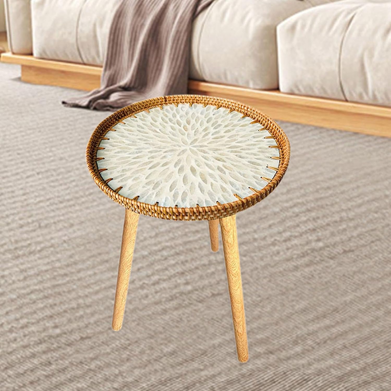 Shell Inlay Side Table, End Table, Home Decoration, Tea Table, Bedside Table for Bedroom, Garden, White Leaves 40cm