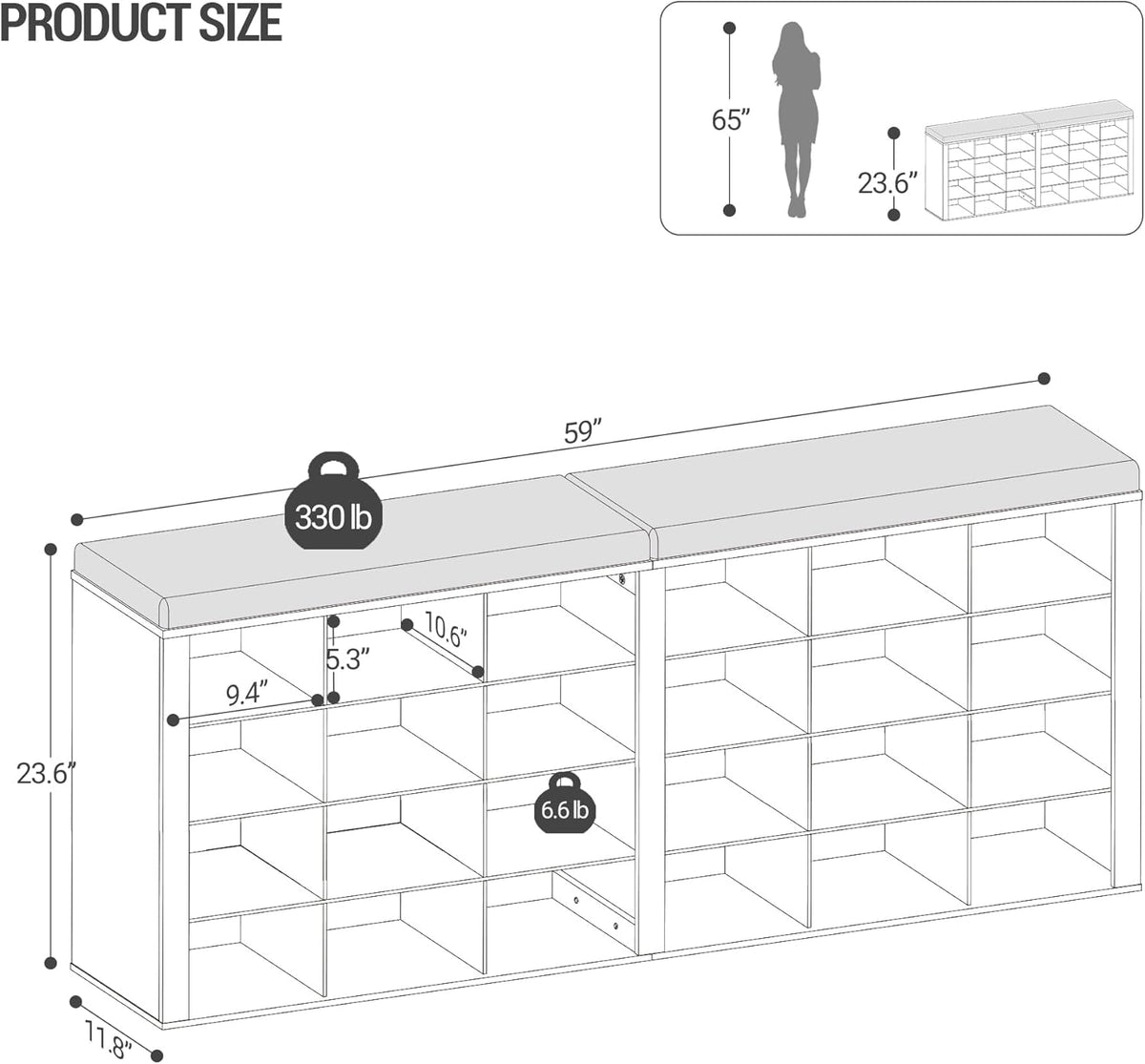 Hzuaneri Shoe Storage Bench with Cushion, Entryway Storage Bench with 24 Cubbies, 9.5" Widened Organizer Cabinet, Long Cubby Rack for Living Room, Bedroom, Entryway, White SB32403GY