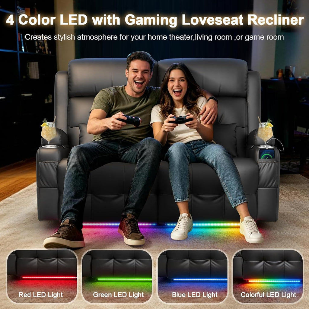 Power Reclining Loveseat with Massage & Heat,Wall Hugger Loveseat Recliner with LED Lights,USB & Type-C Ports, Ideal for RV, Home Theater and Living Room,Black,2 Seats