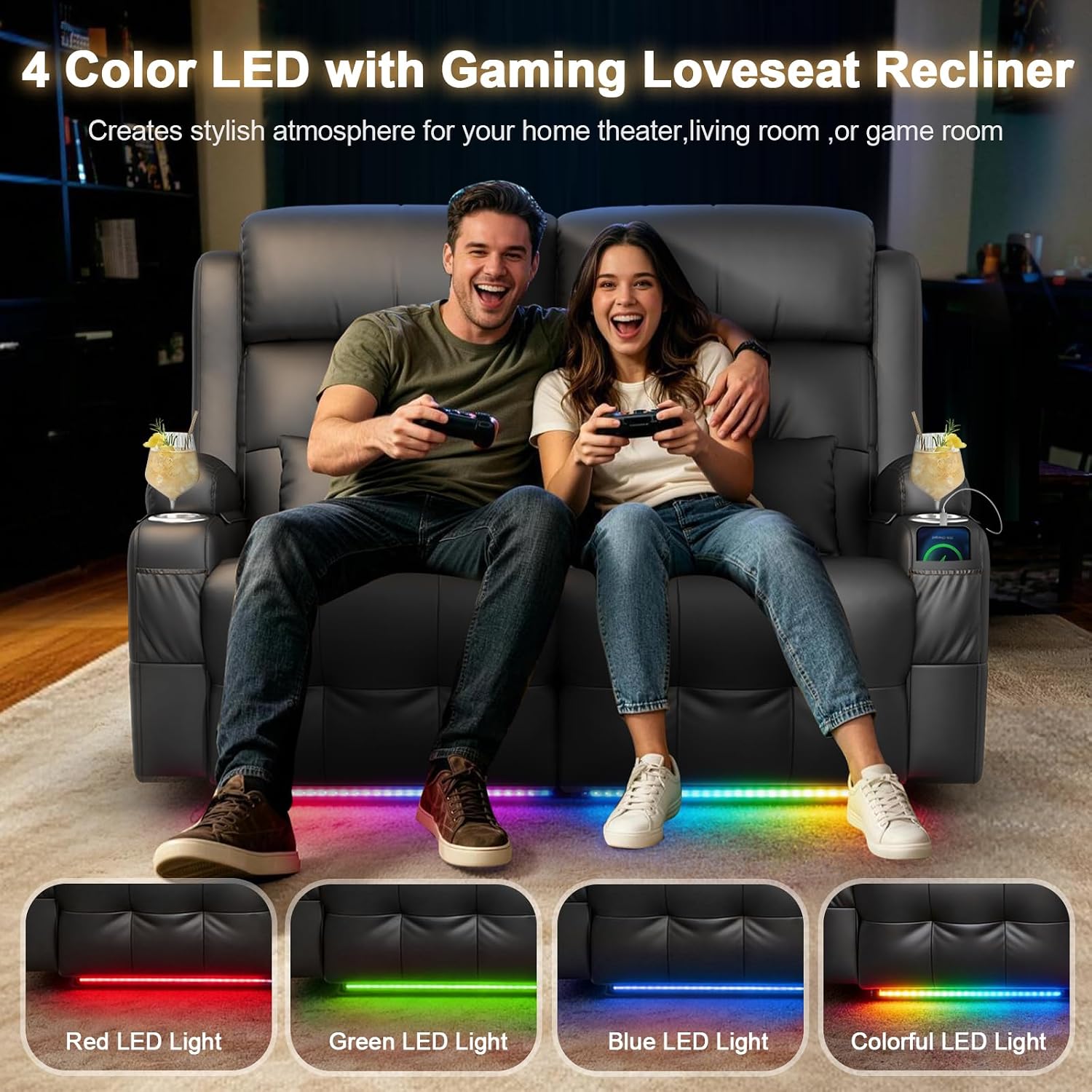 Power Reclining Loveseat with Massage & Heat,Wall Hugger Loveseat Recliner with LED Lights,USB & Type-C Ports, Ideal for RV, Home Theater and Living Room,Black,2 Seats