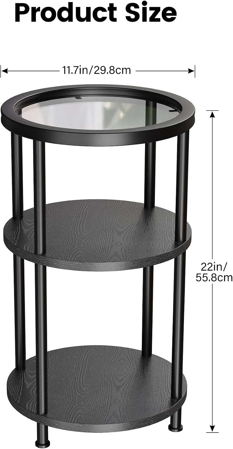 Homeiju Glass Side Table, 3-Tier Glass End Table with Adjustable Feet, Bedside Table for Small Space for Living Room, Balcony, Bedroom, Black