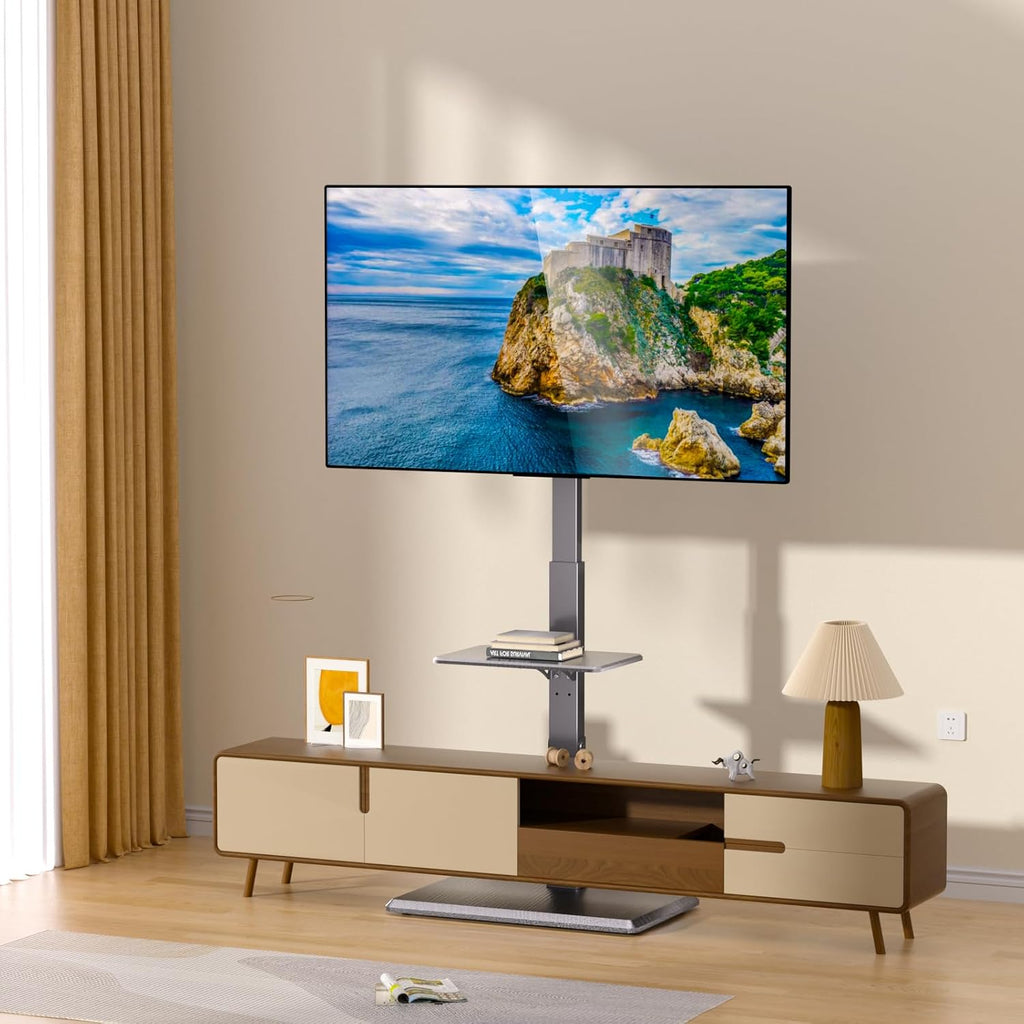 TV Floor Stand with Power Outlet & Removable Shelf for 32-75 Inch TVs | 110 lbs Capacity | ±30° Swivel | Height Adjustable | Cable Management | Safety Lock | Ideal for Living Room, Bedroom, Office