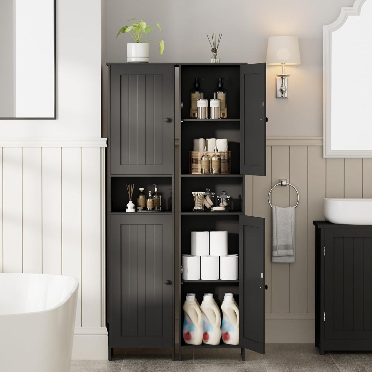 Homleke Tall Bathroom Storage Cabinet with 2 Doors, 67"H Narrow Storage Cabinet with Adjustable Shelves& Anti-Tip Design, Reversible Door Installation, Easy Assembly, 11.8 x 15.7 x 66.9 Inches, Black