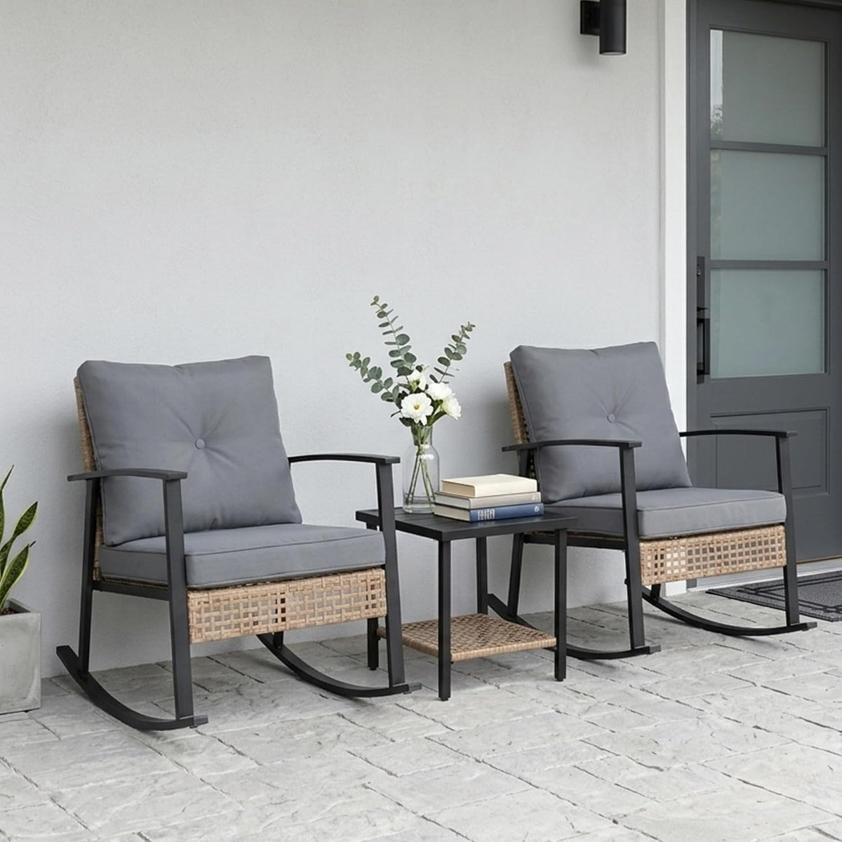 TARKARI 3-Piece Patio Rocking Chairs Set of 2, Outdoor Rocking Chair Bistro Set with Upgraded 2.0 Rust-Proof Alloy Frame & Premium Olefin Cushions, Wicker Rocking Chairs Patio Furniture Set, Grey