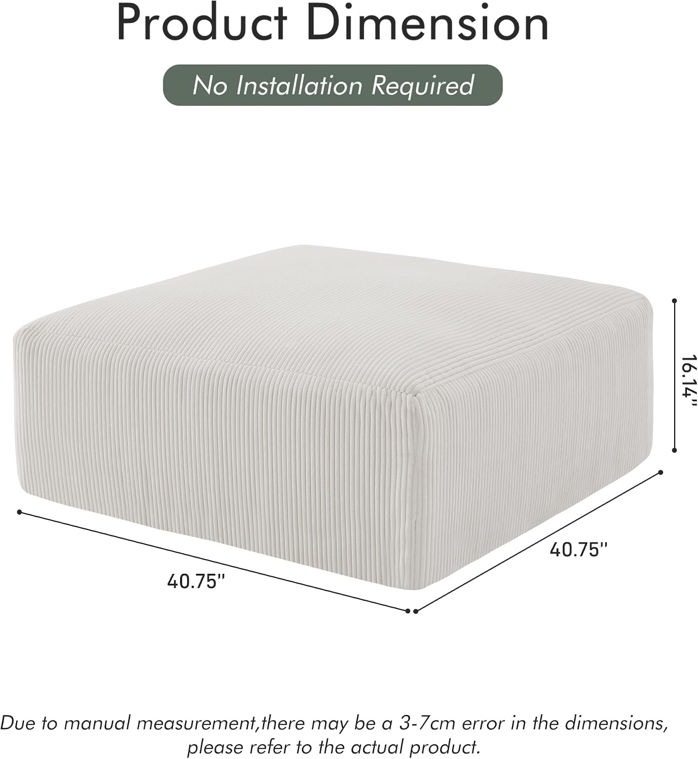 Gericco 113" Modular Sectional Couch, Cloud Sofa with Deep Seats, Upholstered Corduroy Square Stuffed Ottoman Pouf, 40 * 40 Inch Furry & Fluffy Movable Foot Stool for Living Room, Beige