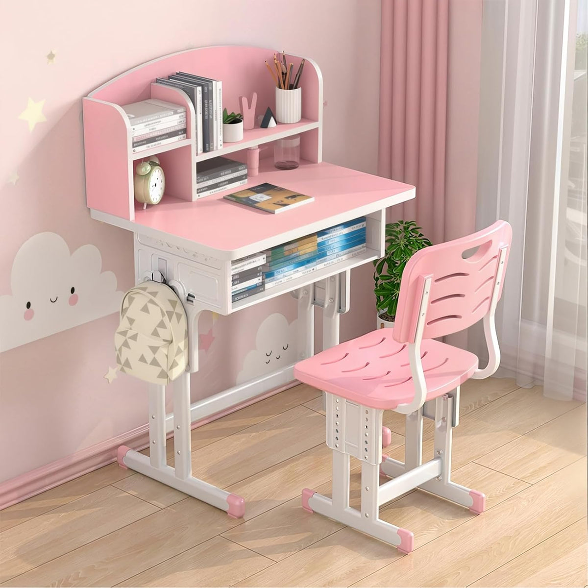1 Set Kids Desk Chair Set, Height Adjustable Children School Study Table Chair Sets with Storage Drawer, Ergonomic Desk Chairs with Book Stand, Partition Design Pink 70 cm