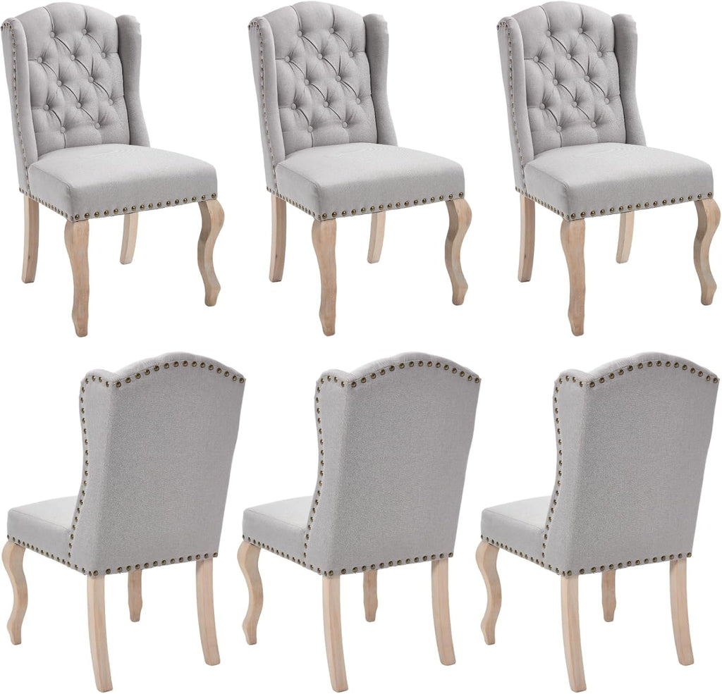 chairus Tufted Upholstered Parsons Dining Chairs Set of 6, Grey Linen | Linen Upholstery, Tufted Wingback, Solid Wood Legs, Nailhead Trim, High Back, French Country Kitchen Chairs for Dining Space