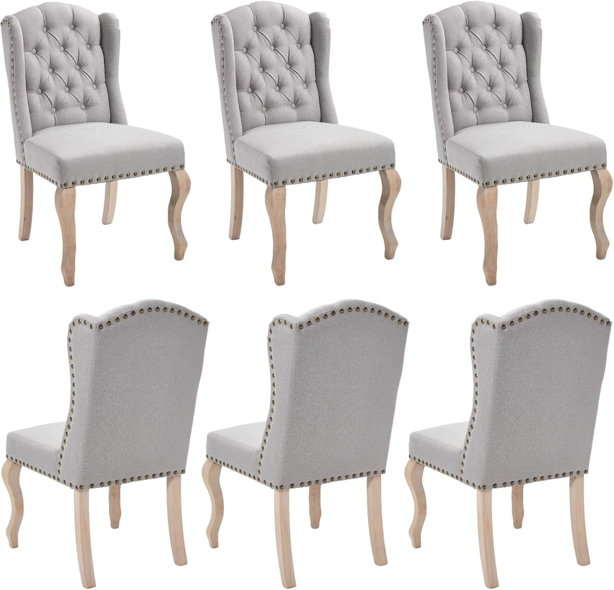 chairus Tufted Upholstered Parsons Dining Chairs Set of 6, Grey Linen | Linen Upholstery, Tufted Wingback, Solid Wood Legs, Nailhead Trim, High Back, French Country Kitchen Chairs for Dining Space