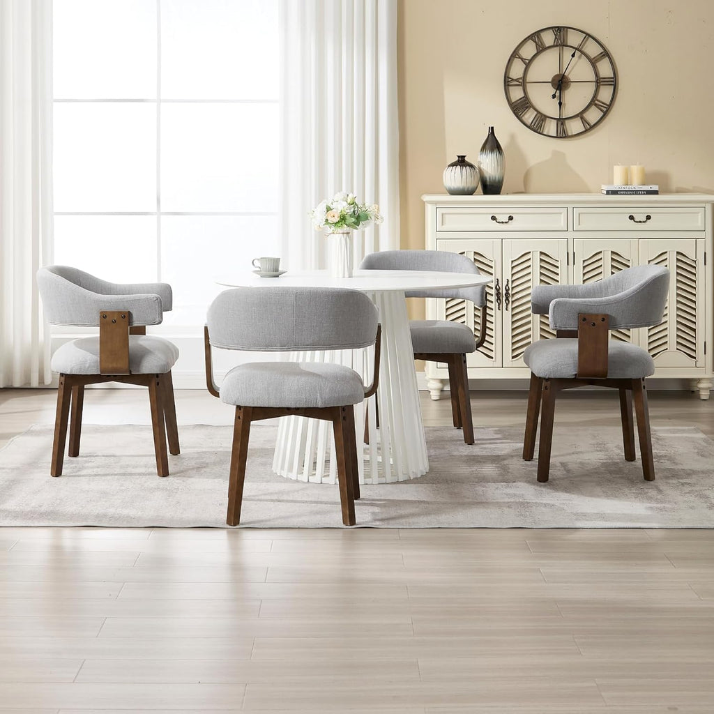 ROCITY Wooden Dining Chairs Set of 4 Modern Fabric Upholstered Dining Room Chairs with Curved Backrest and Walnut Legs for Kitchen,Living Room, Grey