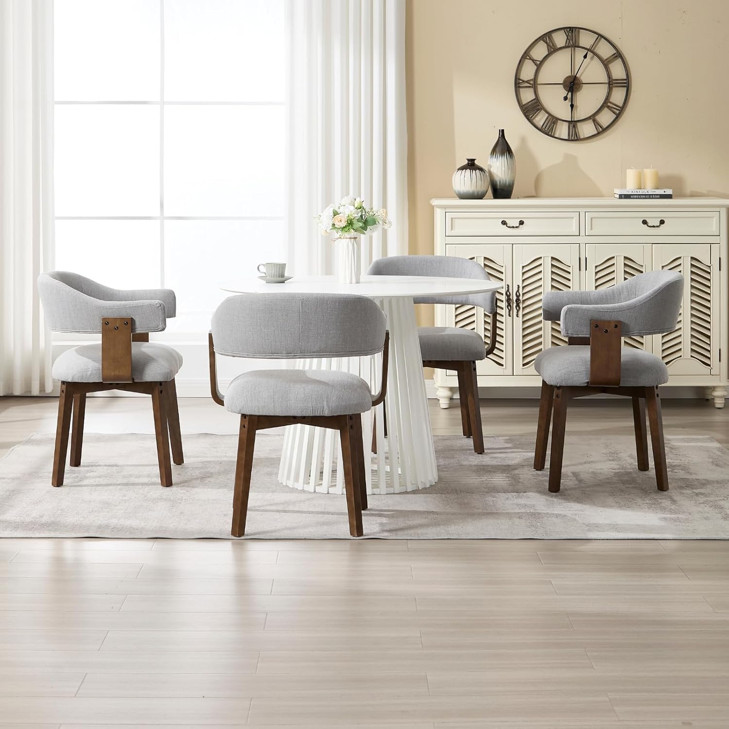 ROCITY Wooden Dining Chairs Set of 4 Modern Fabric Upholstered Dining Room Chairs with Curved Backrest and Walnut Legs for Kitchen,Living Room, Grey