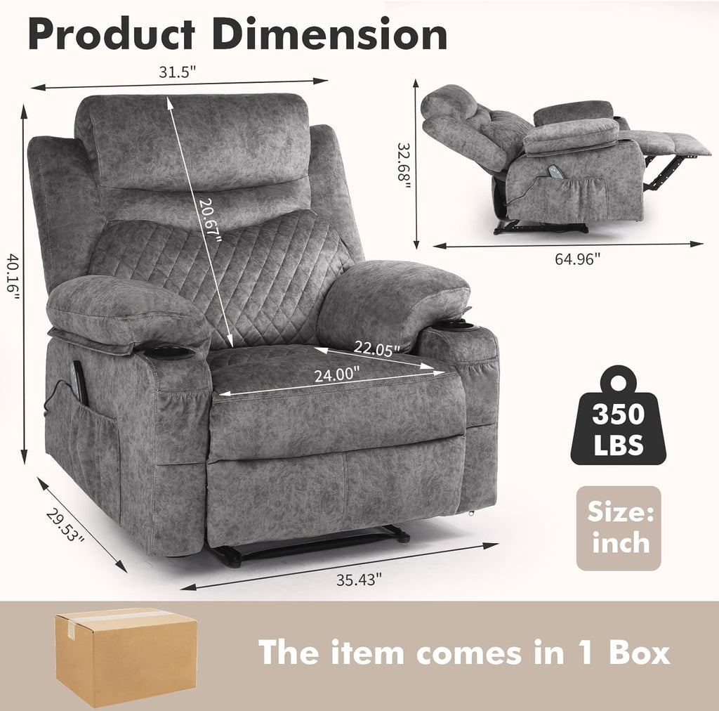 Overstuffed Massage Recliner Chair with Heat, Wide Seat Reclining Chair for Home Theater, Heated Massaging Manual Recliner Chairs with Cup Holders, Grey