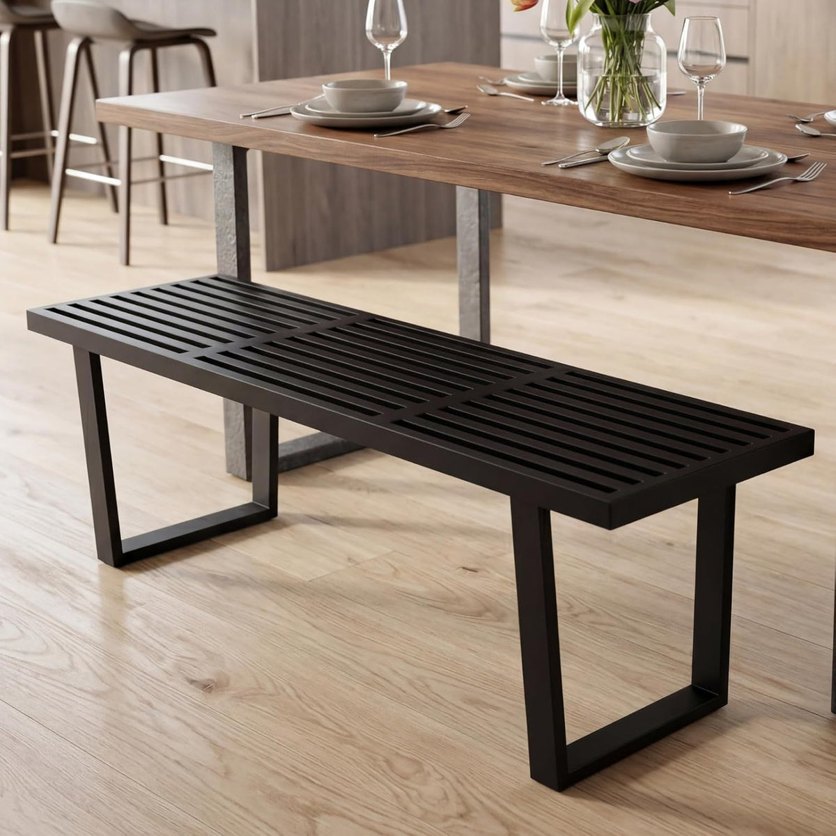 Wooden Dining Bench 55”Industrial Entryway Bench, Modern End of Bed Bench for Bedroom/Hallway, Black Solid Wood Bench with W/Metal Legs for Dining Room/Living Room, Kitchen