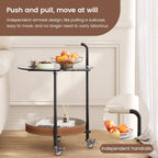 Sofa Side Table, 2-Tier Metal Frame Glass Top End Table on Wheels, Round Beside Tables with Storage Basket and Handle, Space Saving & Easy Assmable