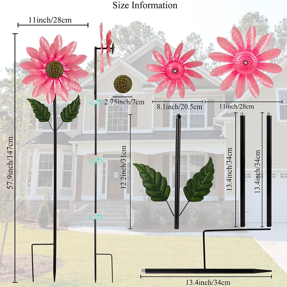 Viveta Wind Spinner Outdoor, Decorative Wind Sculpture wtih Sturdy Stake,Pink Pinwheels for Yard and Garden