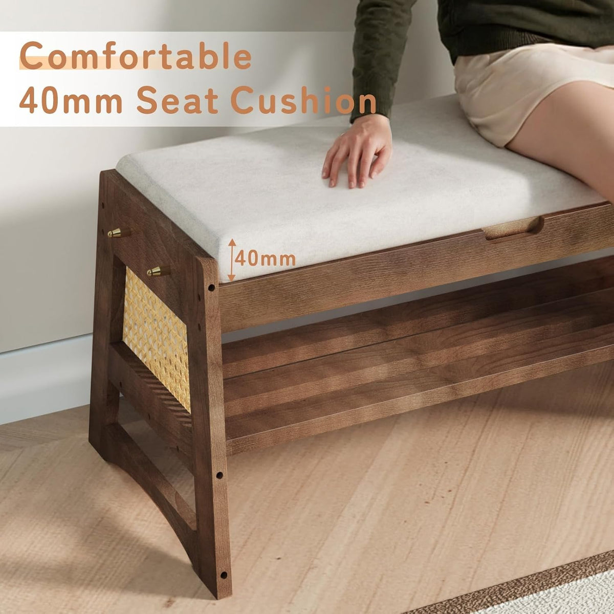Shoe Rack Bench with Flip-Top Storage, 27.6" W x 15.7" H Solid Wood Entryway Bench Shoe Organizer with Cushion Side Hooks for Front Door Entrance Hallway Foyer Closet Living Room Bedroom