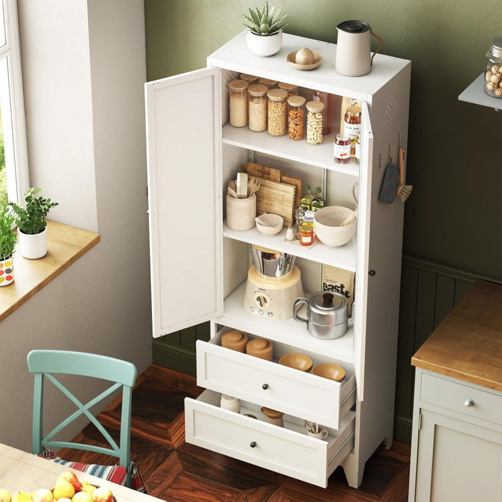 Hassyee White Metal Kitchen Pantry Cabinet Adjustable Storage with 4 Shelves (110lb Capacity), Heavy Duty Freestanding Pantry Organizer for Kitchen,Pantry, Living Room (White)